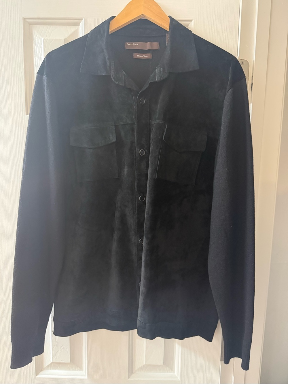 Perry Ellis Black Suede Button-Front Shirt Jacket